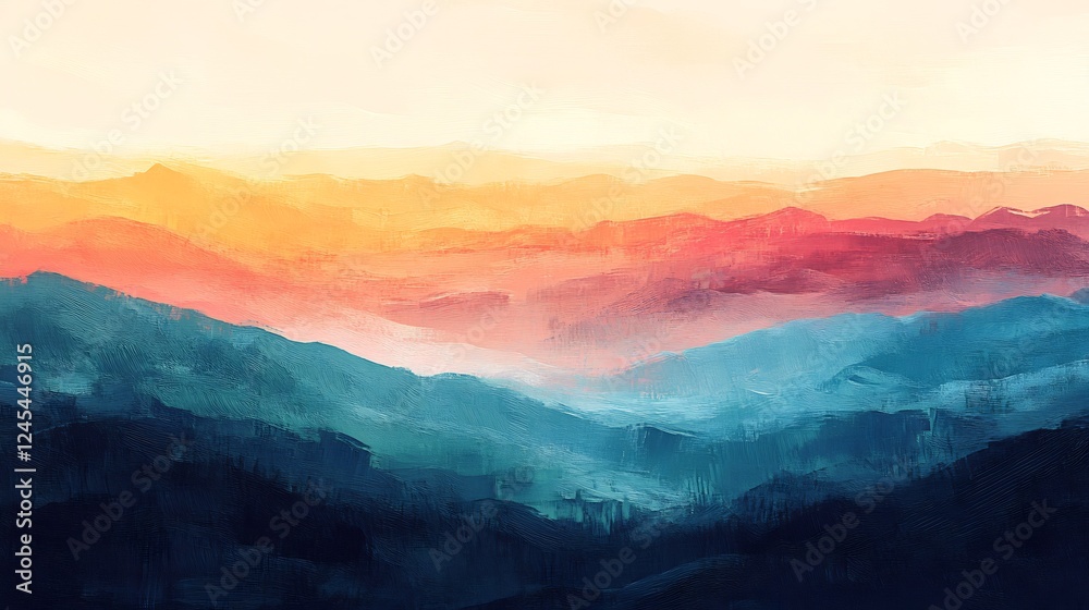 Fototapeta premium Vibrant sunset paints majestic layered mountains in warm and cool hues. AI Generated