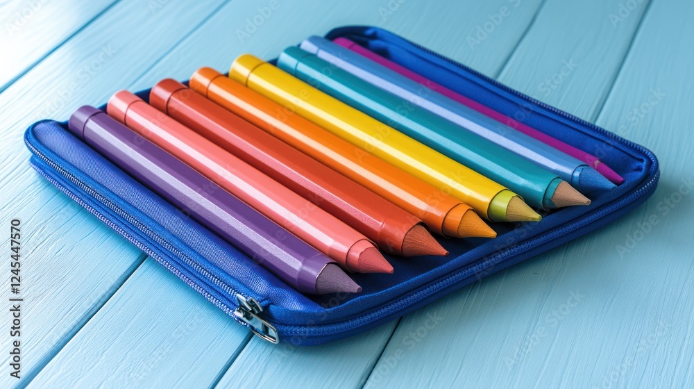 Fototapeta premium Colorful pencils in a blue case on a wooden surface.