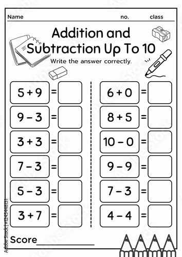 Fotografie fun addition and subtraction problems up to 10 for kindergarten students