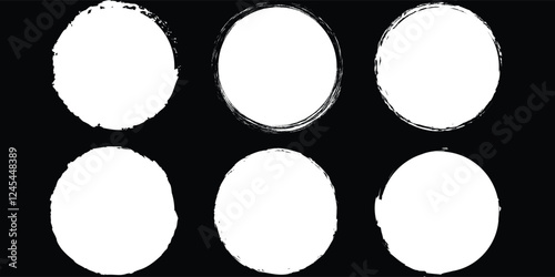 set of black round banners - brush painted circle on transparent background