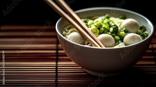 Noodles with Savory Broth and Green Scallions A Delicate Bowl of Asian Cuisine Culinary Delight Meal. photo