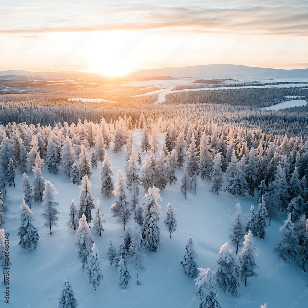 Aerial view of winter forest with snow covered trees at sunset. Aerial view of winter forest with snow covered trees at sunset.
