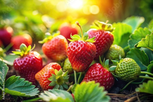 Tilt-Shift Strawberry Photography: Juicy Red Berries in Lush Green Foliage photo