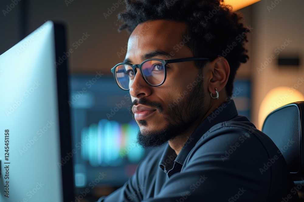 Fototapeta premium Focused Male Professional with Glasses and Curly Hair Concentrating on Computer Screen in Modern Office Environment at Night