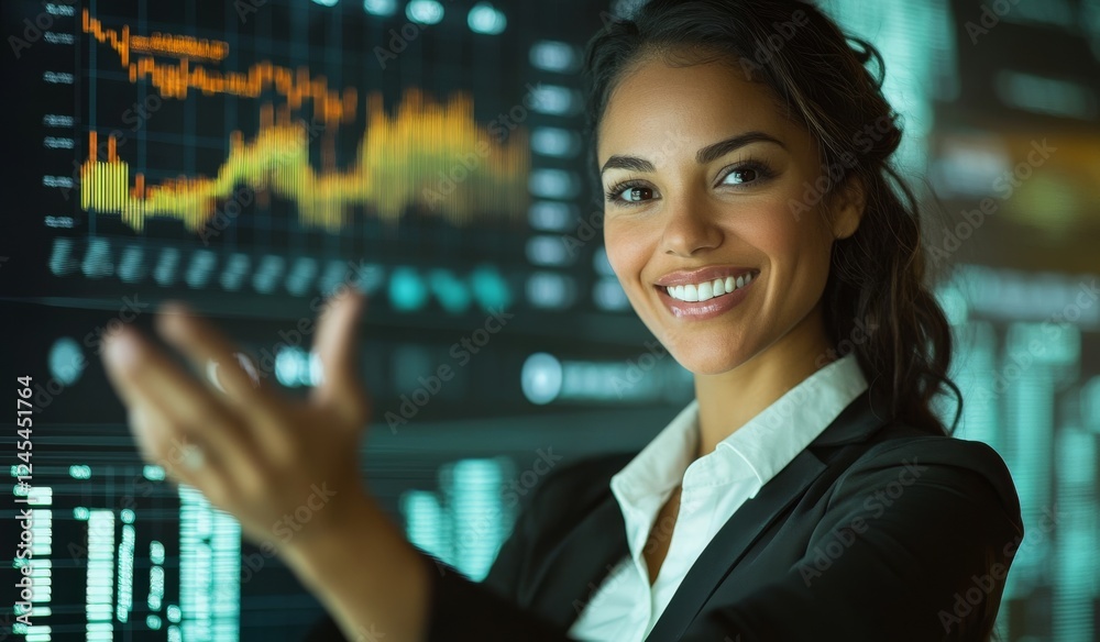 A woman is presenting data on graphs and charts on a LED screen. A woman is presenting data on graphs and charts on a LED screen.