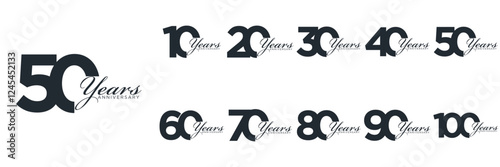 set anniversary 10 to 100 year logo designs. abstract number, icon, vector illustration