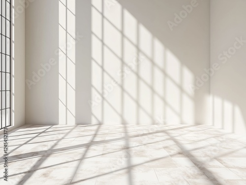 Soft sunlight streaming through large empty windows.