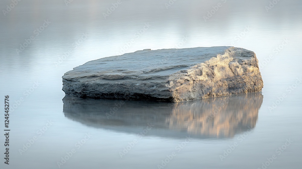Naklejka premium Serene grey stone floats calmly on misty water reflecting soft light. AI Generated