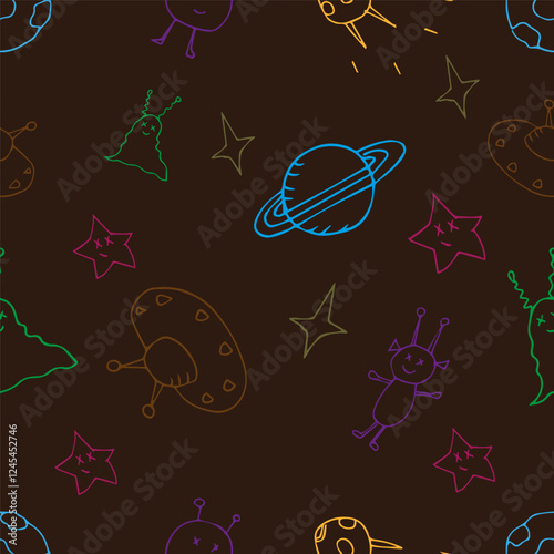 Cute seamless pattern with aliens, rockets and stars for the design of children's items. Vector illustration