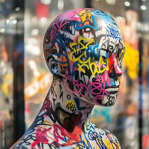 Life-Sized Mannequin Covered in Vibrant Graffiti Art