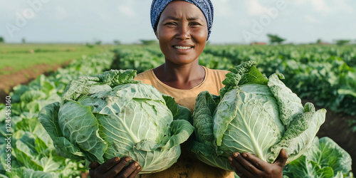 Smiling Farmer Holding Fresh Cabbages in a Green Field
