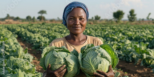 Smiling Farmer Holding Fresh Cabbages in a Green Field