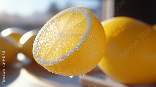 Fresh Juicy Lemon Slice with Water Droplets in Sunlight