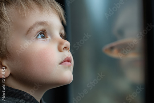 A young boy is looking at a fish in a tank