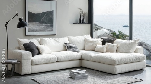White corner sofa with pillows and black metal floor lamp near window with art frame in modern living room