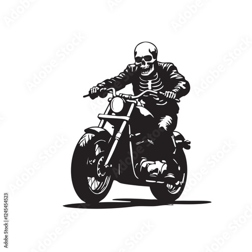 Vector of dynamic illustration of a skeleton motorcyclist in leather jacket, riding a chopper-style bike, perfect for motorcycle club logos and rebellious designs.