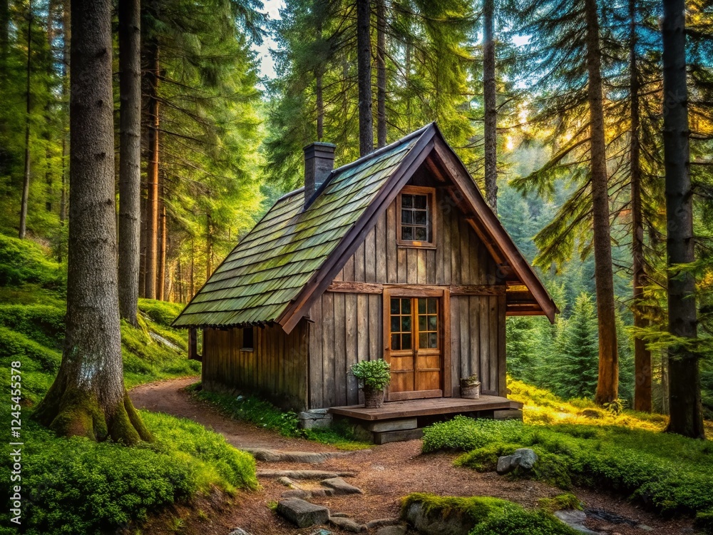 Charming Rustic Cabin with Triangular Weathered Wood Roof - Stock Photo Charming Rustic Cabin with Triangular Weathered Wood Roof - Stock Photo