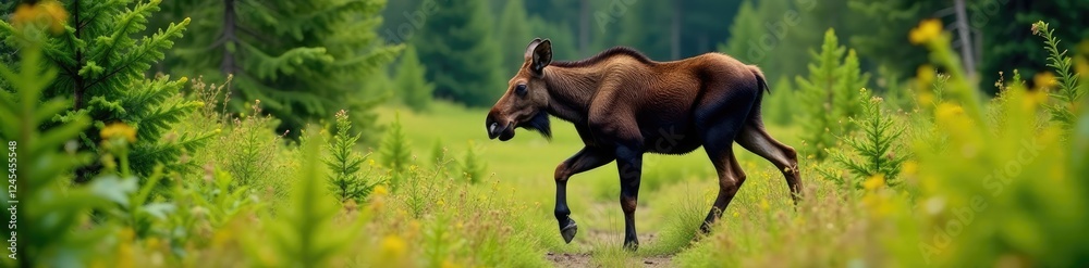 Small moose calf stumbles amidst the ferns and shrubs, moose, shrubs Small moose calf stumbles amidst the ferns and shrubs, moose, shrubs