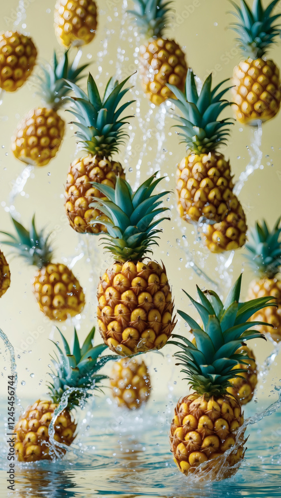 Fresh pineapples splashing into water, a vibrant display of tropical fruit. Fresh pineapples splashing into water, a vibrant display of tropical fruit.