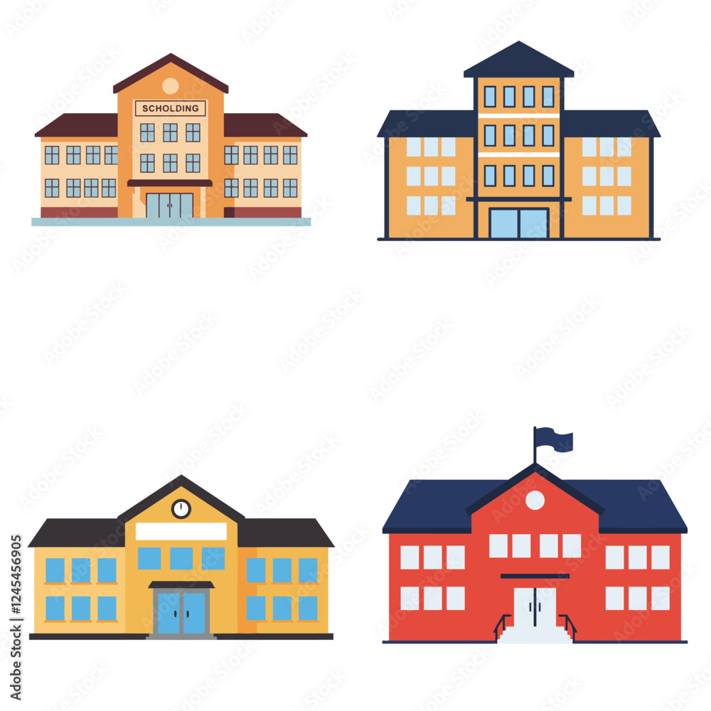 Charming School Building Collection: A Vibrant Set of Vector Illustrations Featuring Four Distinctively Designed Educational Institutions in Bright Colors, Including Classic Yellow, Blue, and Red Faca