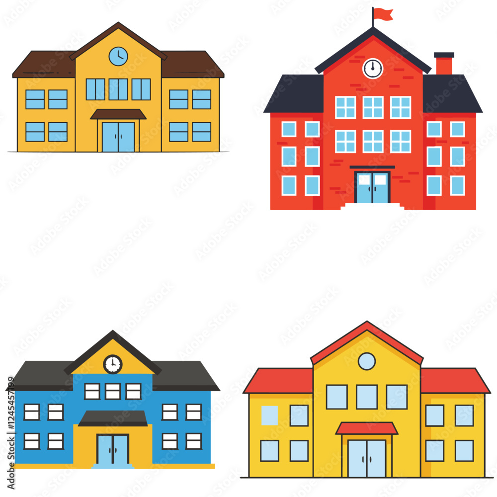 Charming School Building Collection: A Vibrant Set of Vector Illustrations Featuring Four Distinctively Designed Educational Institutions in Bright Colors, Including Classic Yellow, Blue, and Red Faca Charming School Building Collection: A Vibrant Set of Vector Illustrations Featuring Four Distinctively Designed Educational Institutions in Bright Colors, Including Classic Yellow, Blue, and Red Faca