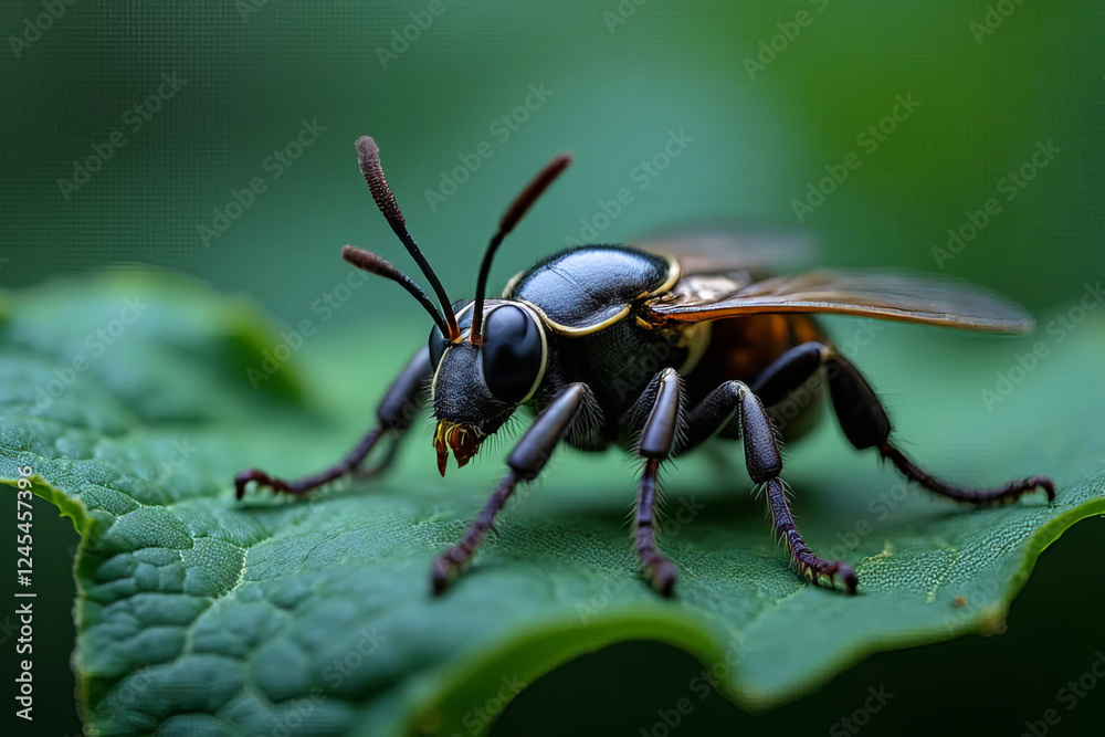 close up of bee resting on green leaf, showcasing its detailed features and vibrant colors close up of bee resting on green leaf, showcasing its detailed features and vibrant colors
