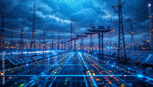 Futuristic power grid with solar panels and electric towers at dusk