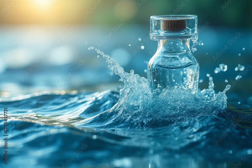 Fresh water bottle splashing in clear blue water, capturing serene moment Fresh water bottle splashing in clear blue water, capturing serene moment