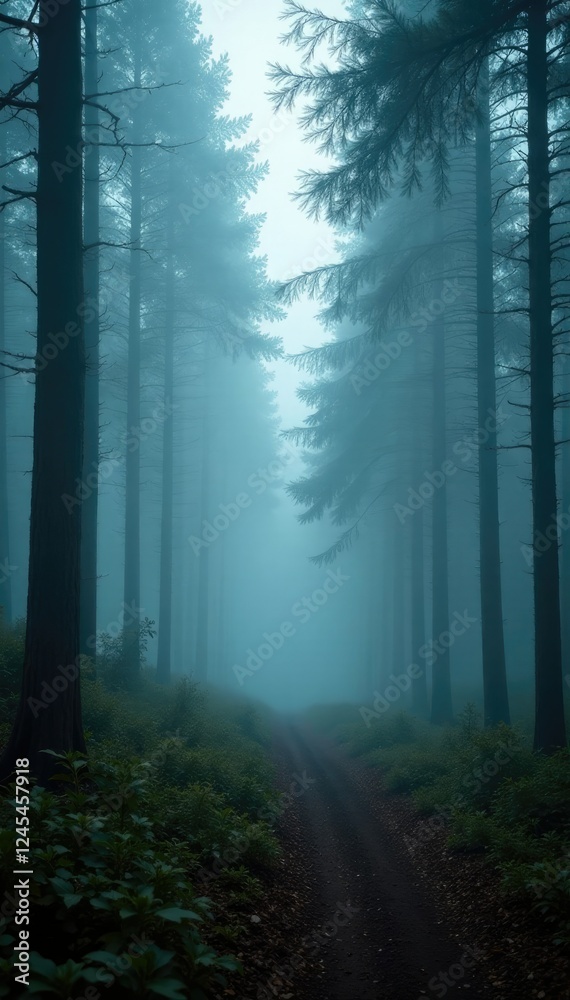 Fototapeta premium Misty forest with thick fog and foggy branches, foggy, forest, misty