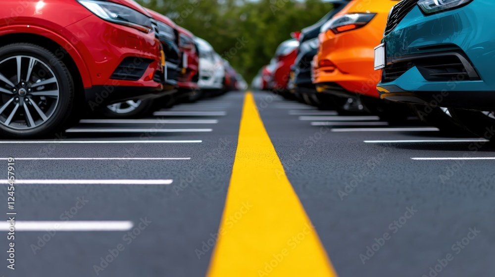 Symmetrical view of colorful cars in parking lot urban environment aerial perspective vehicle aesthetics Symmetrical view of colorful cars in parking lot urban environment aerial perspective vehicle aesthetics