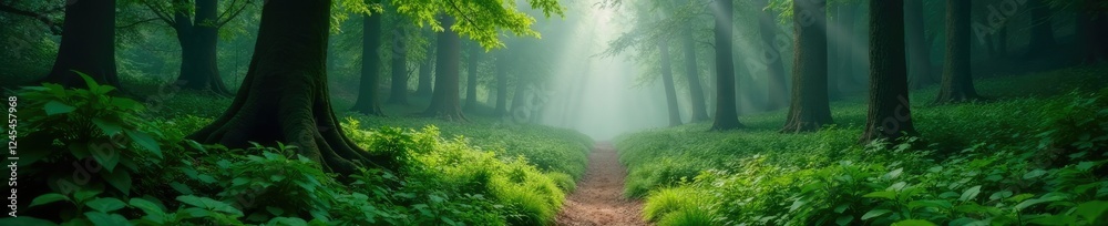 Fototapeta premium Misty forest path winding through dense foliage, , tree