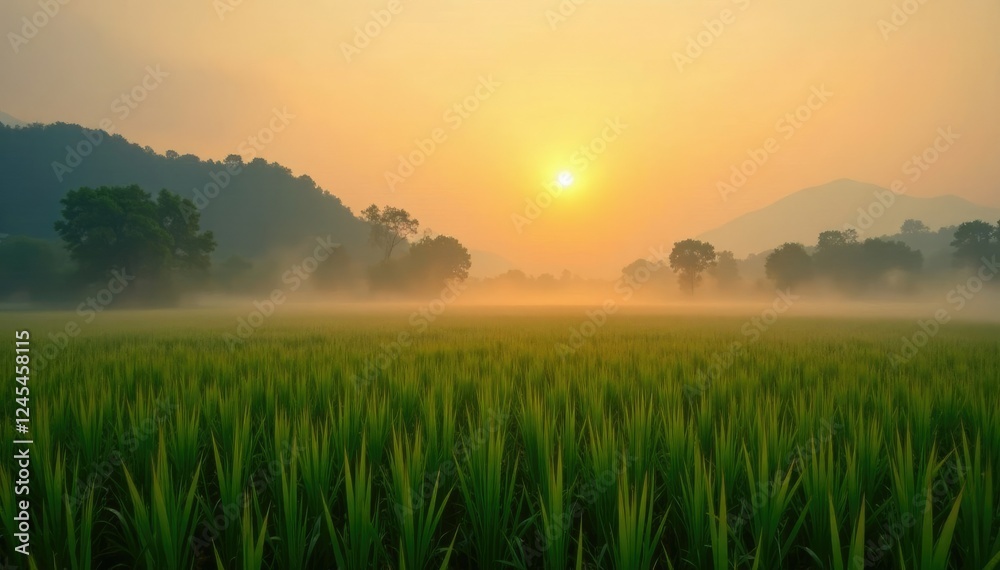 Misty dawn on a rice field landscape with soft golden light filtering through, misty, rice field Misty dawn on a rice field landscape with soft golden light filtering through, misty, rice field