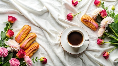 Flat Lay Valentine's/Mother's Day Coffee, Eclairs & Flowers on White Blanket - Stock Photo