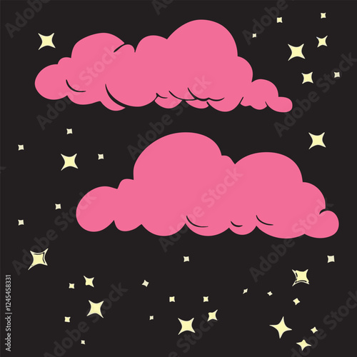 Pink clouds, vector, stars, black sky, retro, cartoon, comic, cute, girly, feminine, vector editable, graphic design,  background, elements, set