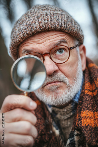 Mature man looking through a magnifying glass photo