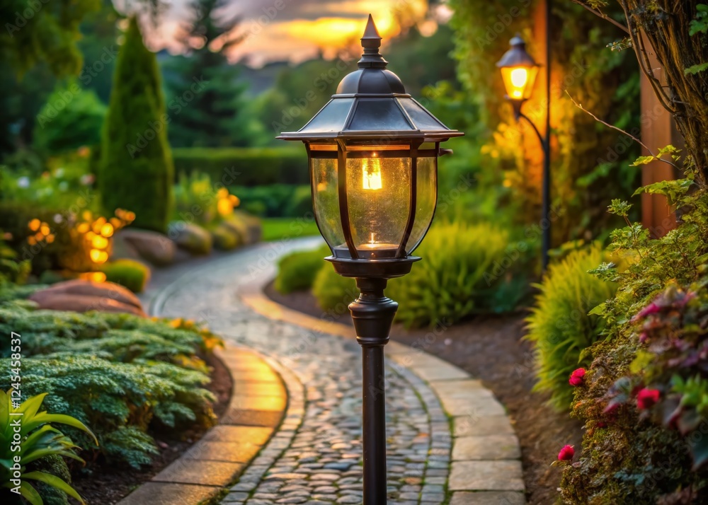 Classic Black Metal Street Lamp with Curved Pole & Clear Glass Bulb - Perfect Garden Path Lighting Classic Black Metal Street Lamp with Curved Pole & Clear Glass Bulb - Perfect Garden Path Lighting