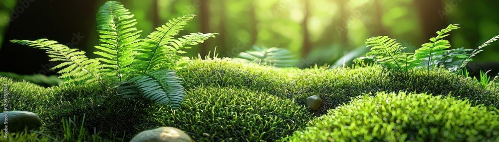 Sunlit forest moss, ferns, tranquil nature background, ideal for eco-themed designs Sunlit forest moss, ferns, tranquil nature background, ideal for eco-themed designs