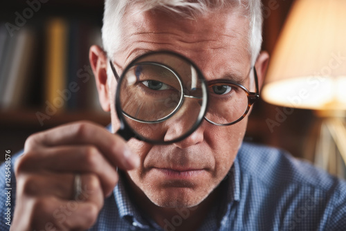 Mature man looking through a magnifying glass photo