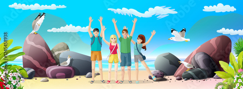 vector nature landscape background. Happy friends on the beach. Cartoon summer clip art. Hand drown design.