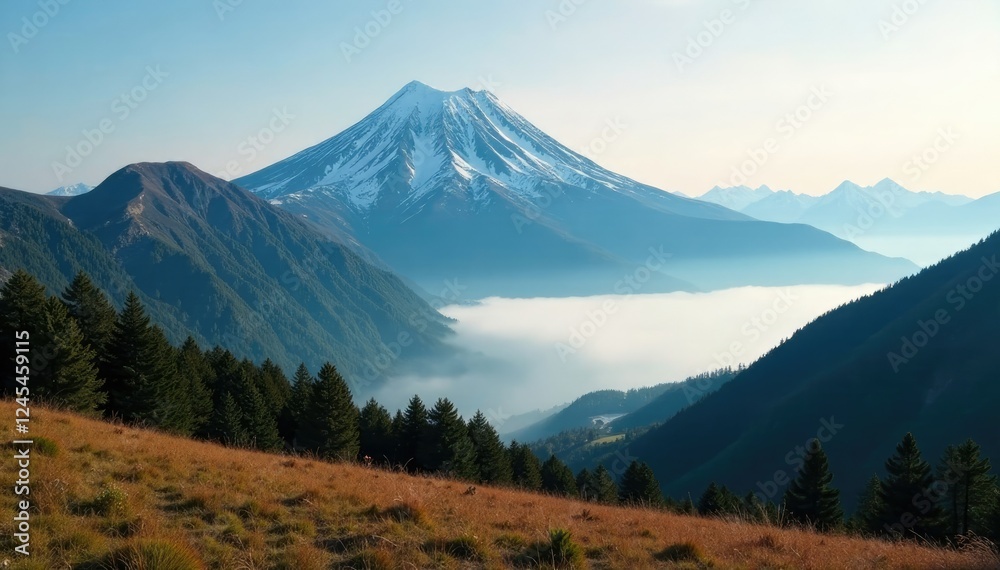 Gentle mist surrounding Erciyes mountain base, forest, Turkish mountains, landscape Gentle mist surrounding Erciyes mountain base, forest, Turkish mountains, landscape