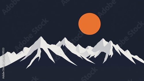 Sun rising over snow-capped mountains, minimalist vector art.