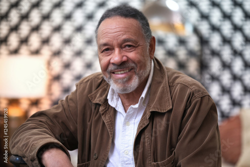 Portrait of older smiling Black man sitting on stool photo