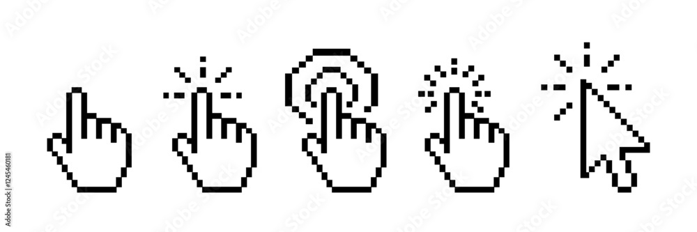 Pixel pointer cursor сomputer mouse icon set. Pixel clicking cursor, pointing hand clicks icons. Pixel Click cursor symbol. Vector Illustration.