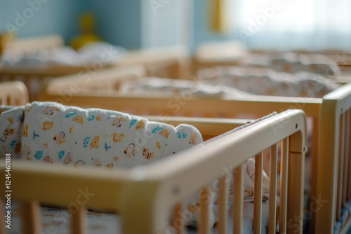 Baby cribs at a maternity ward. Low birth rate and fertility concept photo