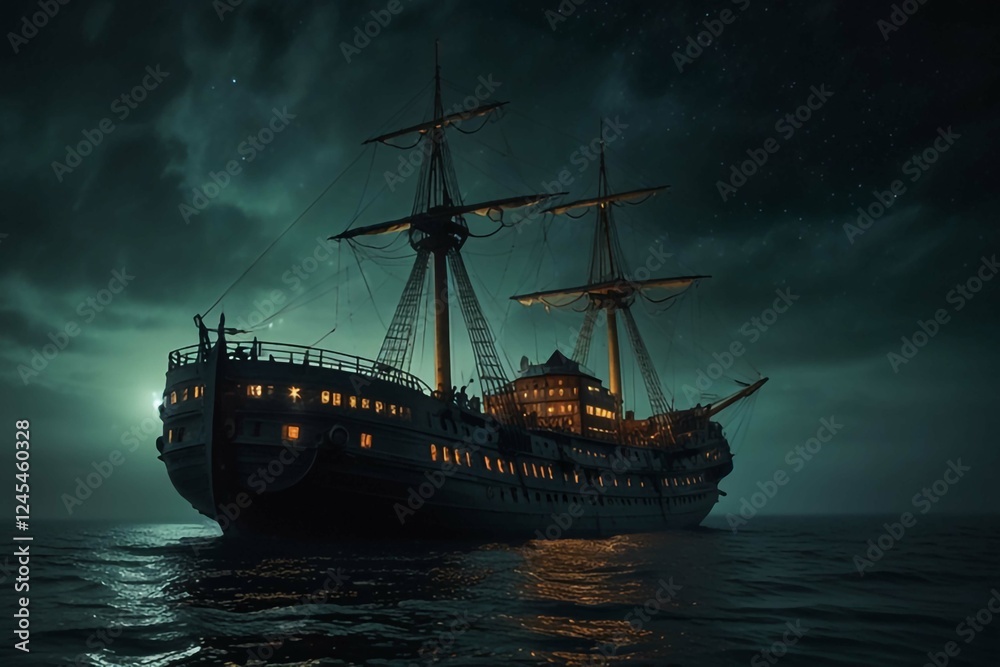 Jolly Roger in the sky over the sailing ship