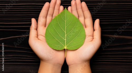 Leaf of Life:  Two cupped hands cradle a vibrant green leaf, symbolizing a delicate balance of nature and human care, with a dark wooden background evoking a sense of grounding and serenity.   photo