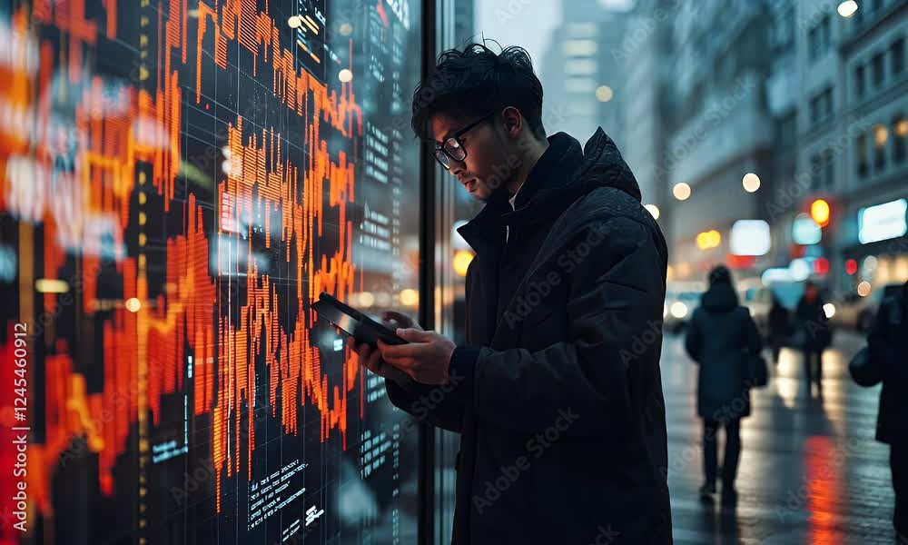 Man checks tablet data near city stock ticker