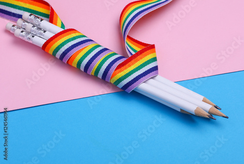 Pencils wrapped with lgbt rainbow tape on blue pink background photo