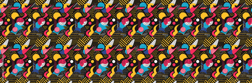 Seamless pattern with geometric shapes in the style. Multicolored vintage background with triangles, circles and squares for textile, fabric and Sudanese fabric art. Seamless pattern with geometric shapes in the style. Multicolored vintage background with triangles, circles and squares for textile, fabric and Sudanese fabric art.
