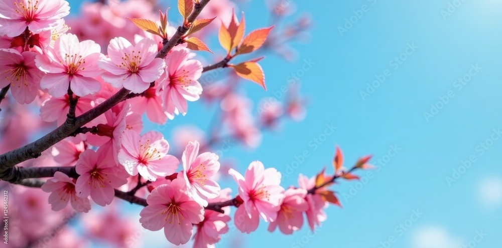 Obraz premium A tree covered in pink cherry blossoms with a bright blue sky, blooming flowers, spring flowers